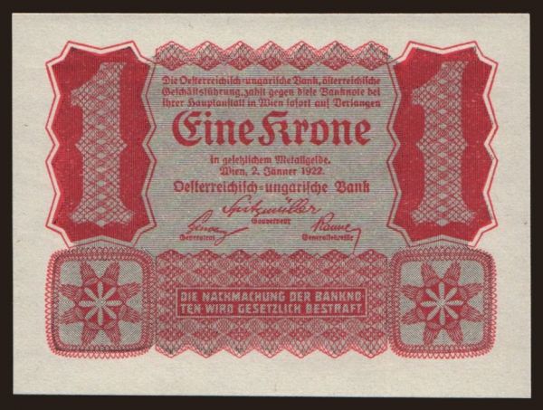 Rakúsko a Rakúsko-Uhorsko, Kronen (1919-1925): 1 Krone, 1922