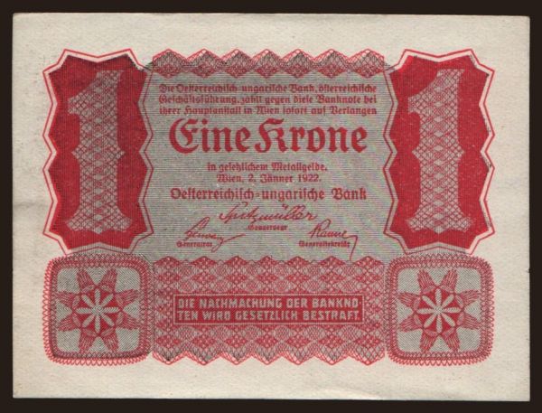 Austria and Austro-Hungary, Kronen (1919-1925): 1 Krone, 1922, Judenbank