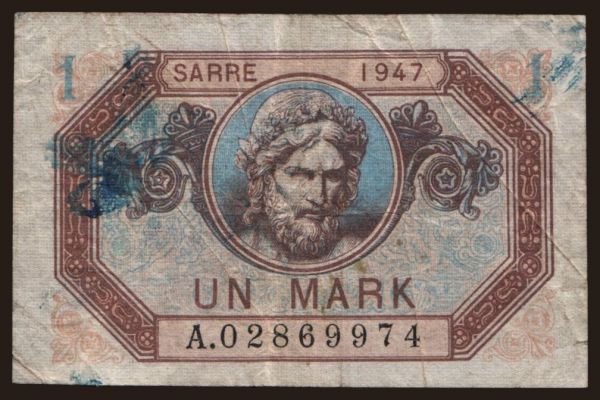 Europe, Saarland: 1 Mark, 1947