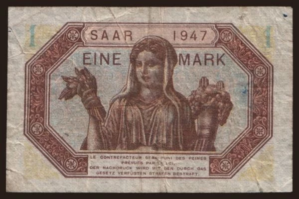 Europe, Saarland: 1 Mark, 1947