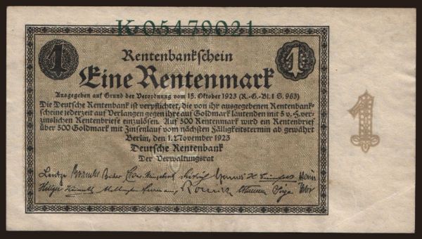 Németország, Rentenbank (1923-1937): 1 Rentenmark, 1923