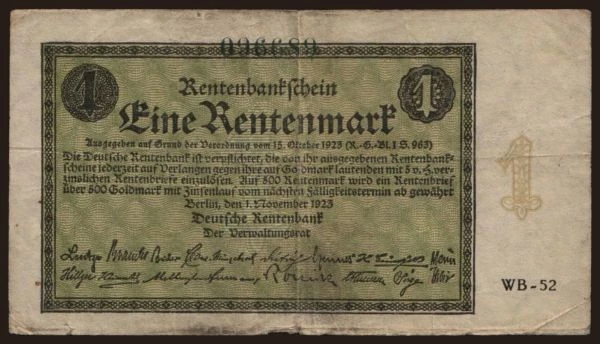 Németország, Rentenbank (1923-1937): 1 Rentenmark, 1923