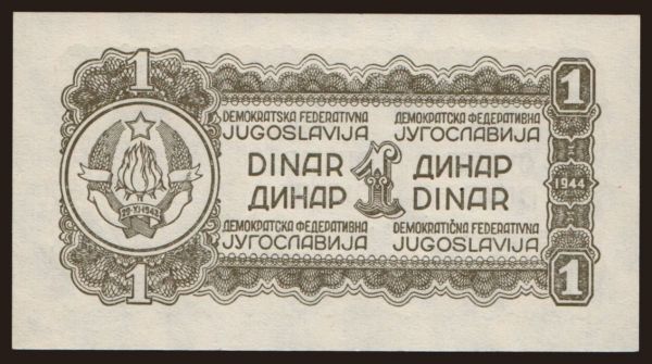 Európa, Juhoslávia, Juhoslávia - Štátna emisia 1944-1992: 1 dinar, 1944