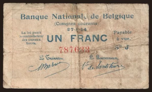 Europe, Belgium, Belgium - State issues: 1 franc, 1914