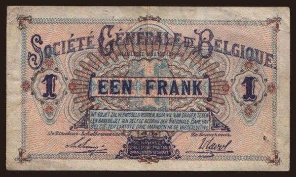 Europe, Belgium, Belgium - State issues: 1 franc, 1915