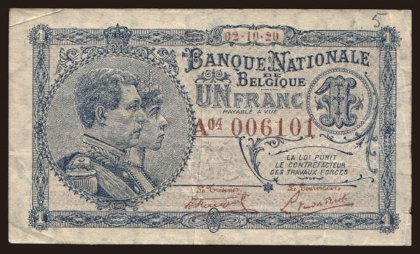 Europe, Belgium, Belgium - State issues: 1 franc, 1920