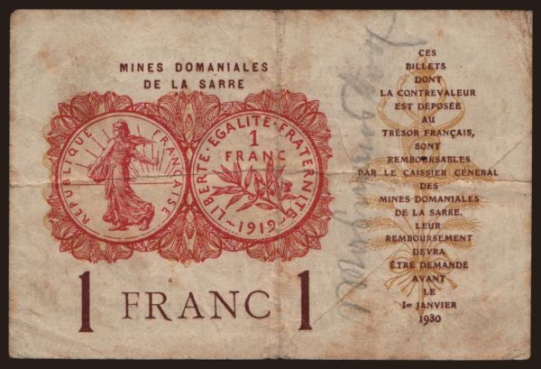 Europe, Saarland: 1 franc, 1920