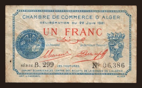 Afrika, Algéria: 1 franc, 1921