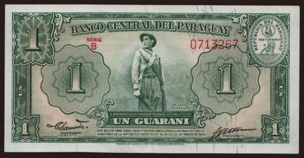 Amerika, Paraguay: 1 guarani, 1952