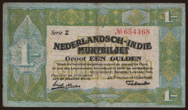 Asia, Netherlands East Indies: 1 gulden, 1920