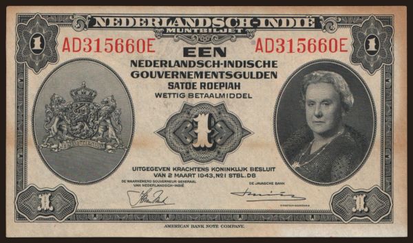 Asia, Netherlands East Indies: 1 gulden, 1943