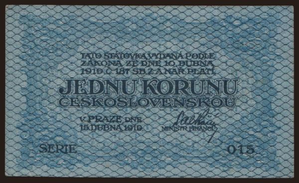 Česko-Slovensko a nástupní­cke štáty, Prvá Republika, 1919-38: 1 koruna, 1919