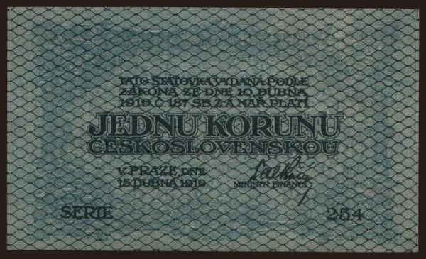 Česko-Slovensko a nástupní­cke štáty, Prvá Republika, 1919-38: 1 koruna, 1919