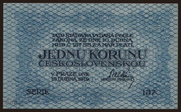 Česko-Slovensko a nástupní­cke štáty, Prvá Republika, 1919-38: 1 koruna, 1919