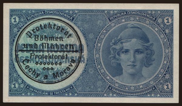 Czechoslovakia and successor states, Bohemia and Morava: 1 koruna, 1938(40)