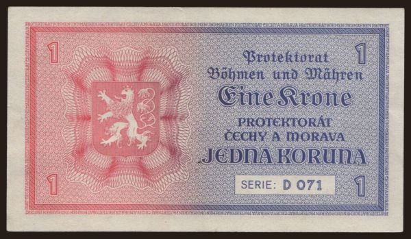 Czechoslovakia and successor states, Bohemia and Morava: 1 koruna, 1940