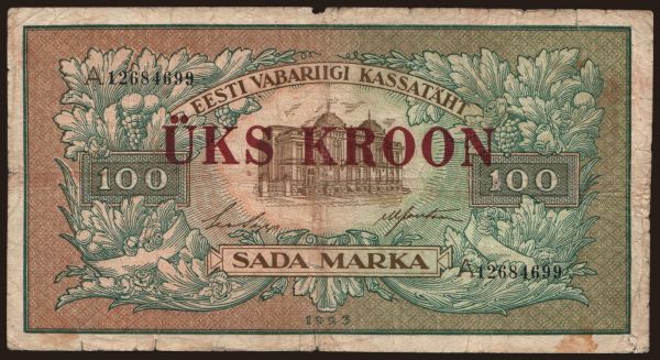 Europe, Estonia: 1 kroon/ 100 marka, 1928