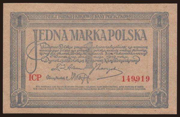 Európa, Polsko, Polsko- Štátna emisia: 1 marka, 1919