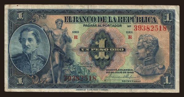 Amerika, Kolumbia: 1 peso, 1940