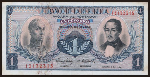 America, Colombia: 1 peso, 1964