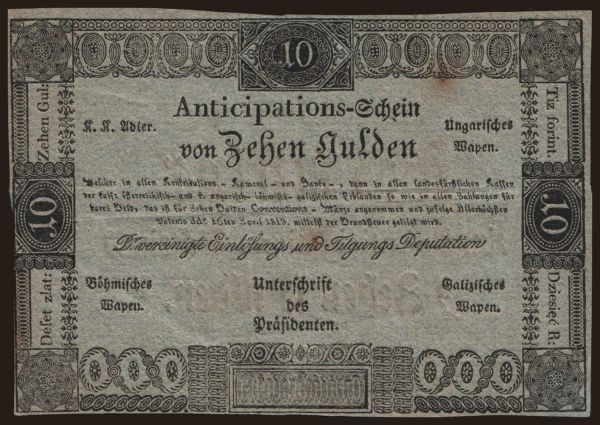 Austria and Austro-Hungary, Gulden (-1867): 10 Gulden, 1813, formular