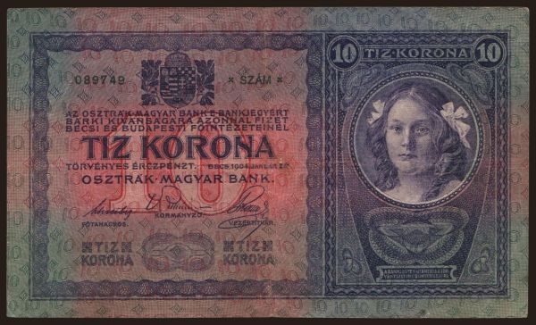 Ausztria és Osztrák-Magyar Monarchia, Kronen/Korona (1900-18): 10 Kronen, 1904