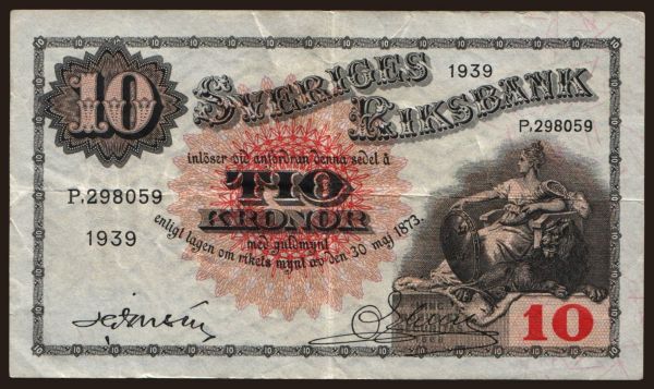 Europe, Sweden: 10 Kronor, 1939