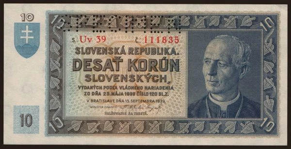 Česko-Slovensko a nástupní­cke štáty, Slovenský Štát (1939-45): 10 Ks, 1939