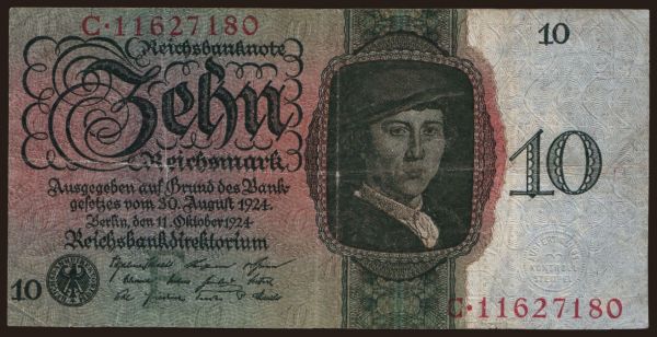 Germany, Reichsbank (1924-1945): 10 Reichsmark, 1924, F/C