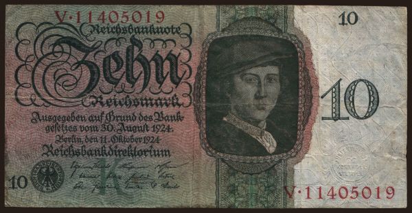 Nemecko, Reichsbank (1924-1945): 10 Reichsmark, 1924, K/V