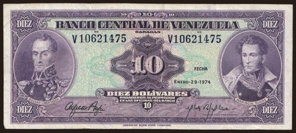 Amerika, Venezuela: 10 bolivares, 1974