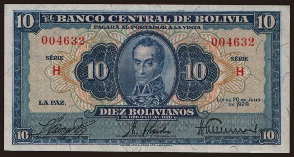 America, Bolivia: 10 bolivianos, 1928