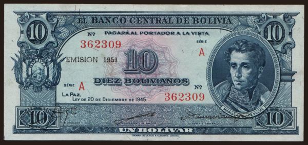 America, Bolivia: 10 bolivianos, 1945(1951)