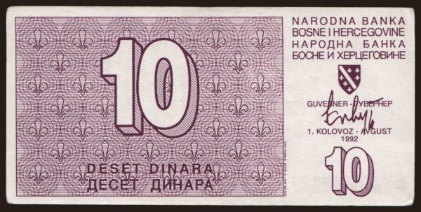 Europe, Bosnia-Hercegovina: 10 dinara, 1992