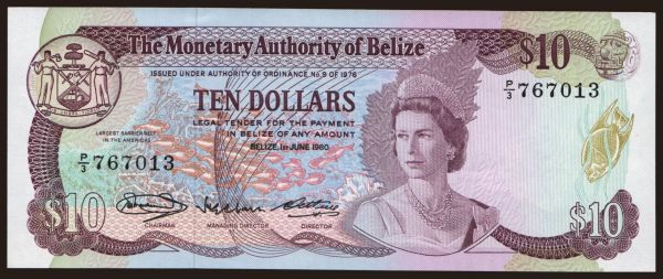 Amerika, Belize: 10 dollars, 1980