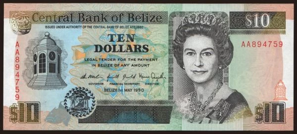 Amerika, Belize: 10 dollars, 1990