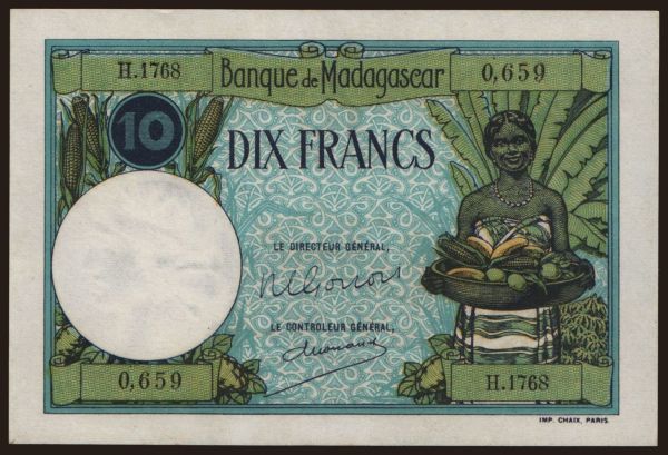 Afrika, Madagaszkár: 10 francs, 1937