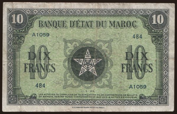 Africa, Morocco: 10 francs, 1944