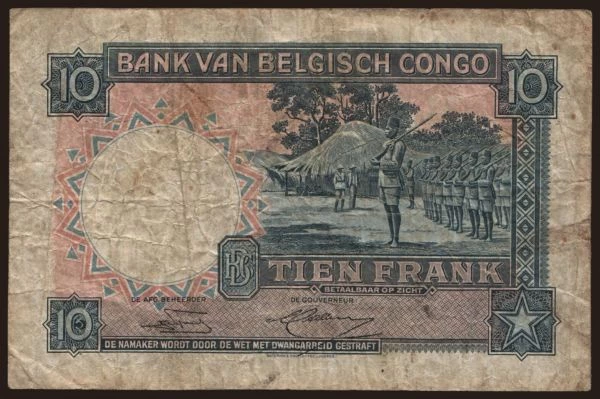 Africa, Belgian Congo: 10 francs, 1952