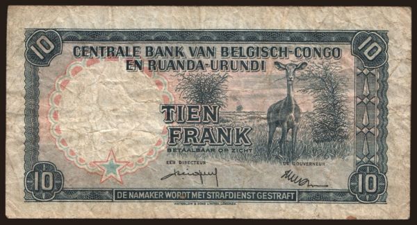 Africa, Belgian Congo: 10 francs, 1958