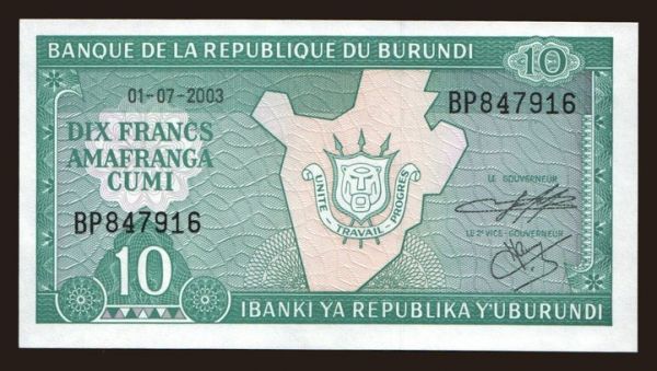 Africa, Burundi: 10 francs, 2003