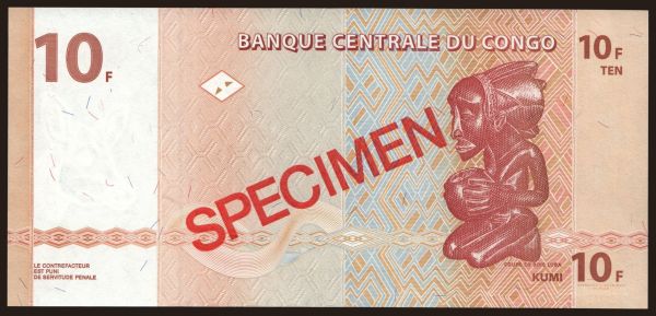 Afrika, Zaire - CDR: 10 francs, 2003, SPECIMEN