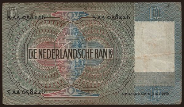 Europe, Netherlands: 10 gulden, 1940