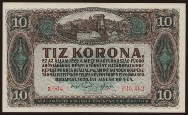 Maďarsko, Korona, 1920-1923: 10 korona, 1920