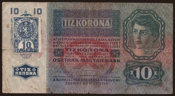 Czechoslovakia and successor states, Overstamped austro-hungarian banknotes: 10 korun, 1915(19)