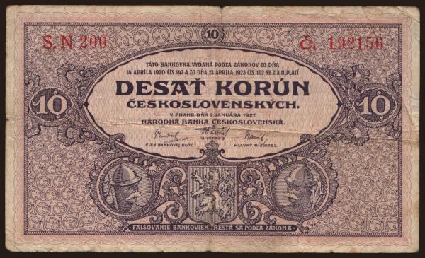 Csehszlovákia és utódállamai, Első köztársaság, 1919-38: 10 korun, 1927