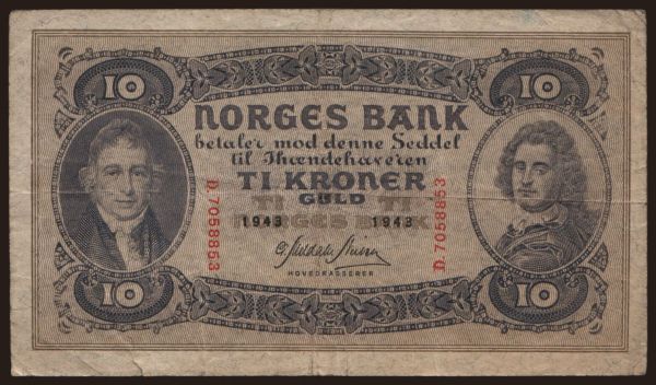 Europe, Norway: 10 kroner, 1943