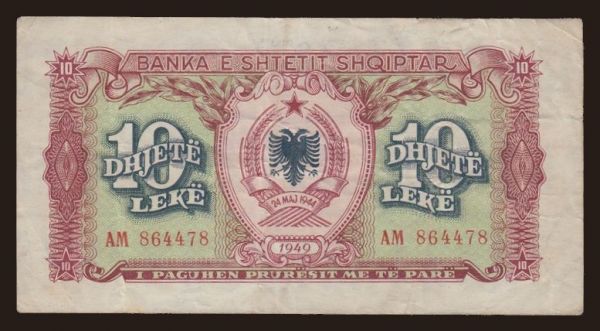 Europe, Albania: 10 leke, 1949