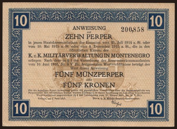 Európa, Montenegro: 10 perper, 1917