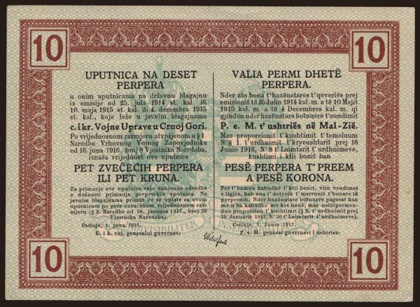 Európa, Montenegro: 10 perper, 1917